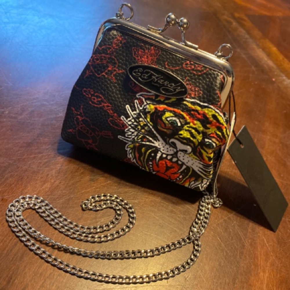 Ed Hardy Black Crossbody Bag with Colorful Tiger Embroidery